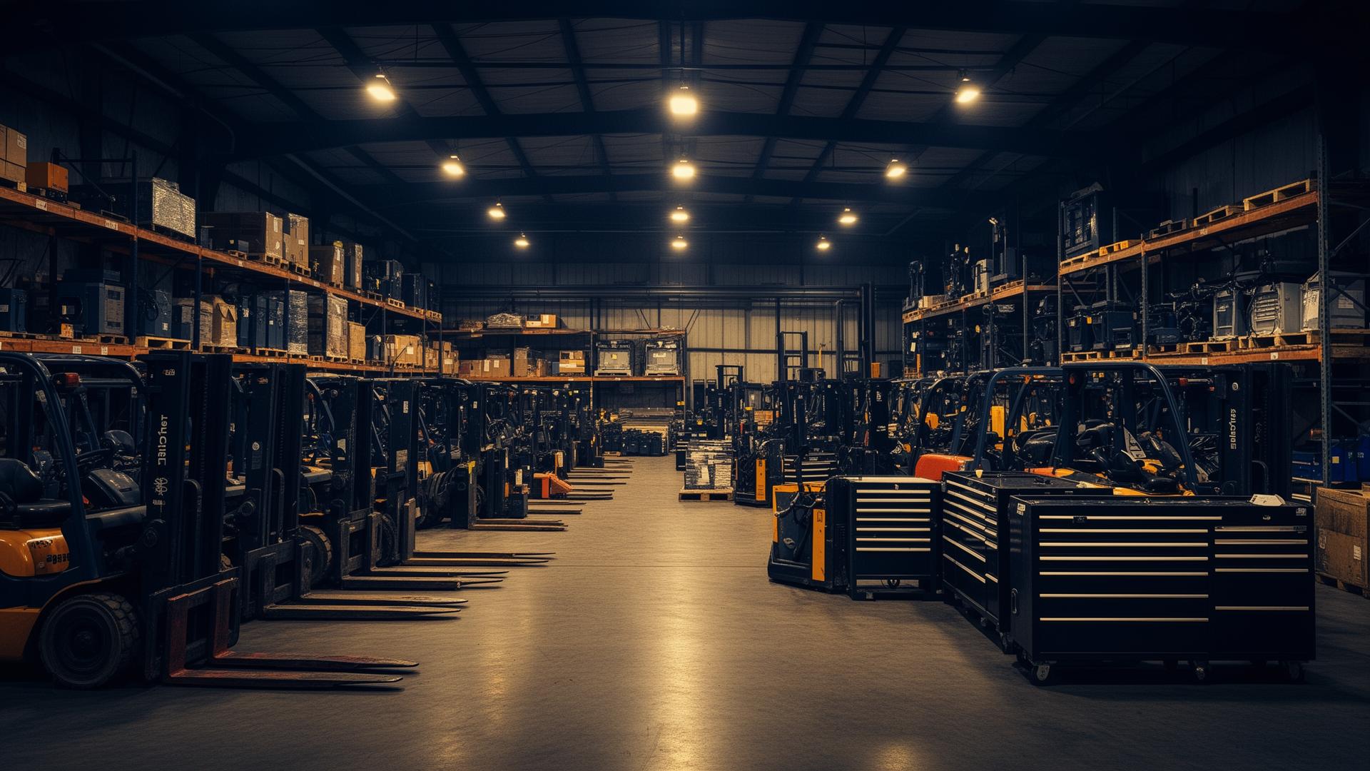 Industrial warehouse auction featuring forklifts, tool chests, and warehouse equipment